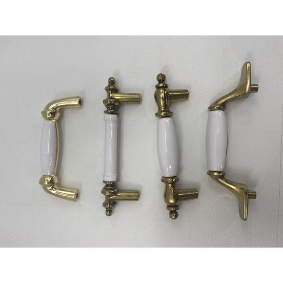 Vintage Lot of 4 White Porcelain/Brass/Gold Cabinet Knobs Drawer Pulls Handles - Picture 9 of 9